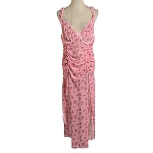 Pink Floral Sheer Ruched Corset Maxi Dress Plus Size